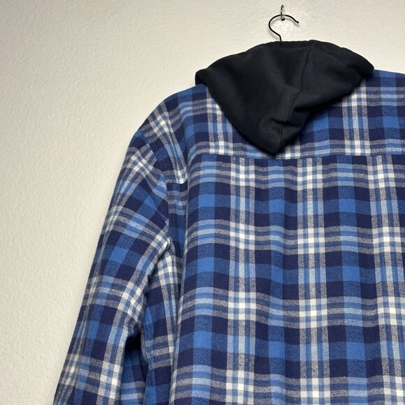 Brazos Work Force Jacket Hooded Button Up Men XL Blue Plaid Puff Insulated Heavy - Picture 14 of 14